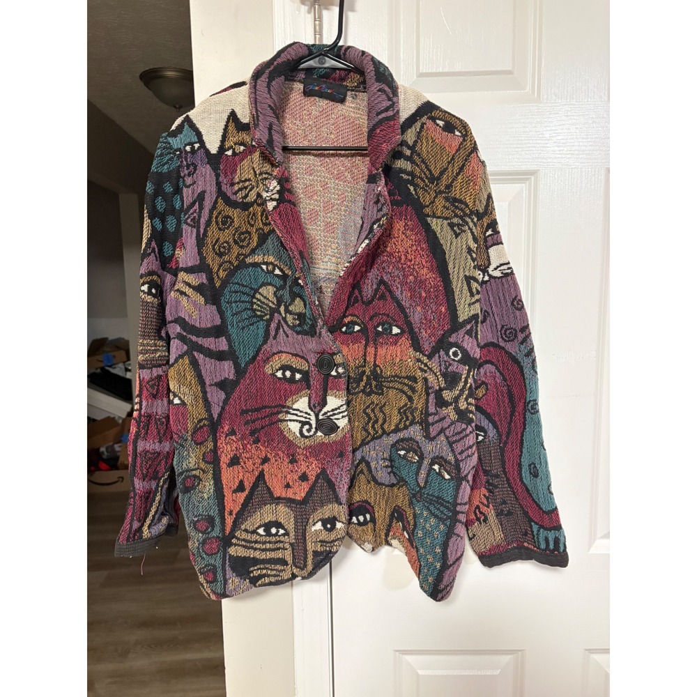Laurel Burch Vintage Tapestry Cat Jacket Woven Art to Wear Multi-Color Blazer